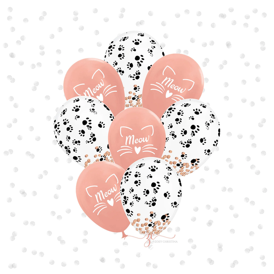 Rose Gold Confetti Filled Meow Cat Kitten Face Birthday Party Balloon Bouquet, Decorations, Supplies Accessories