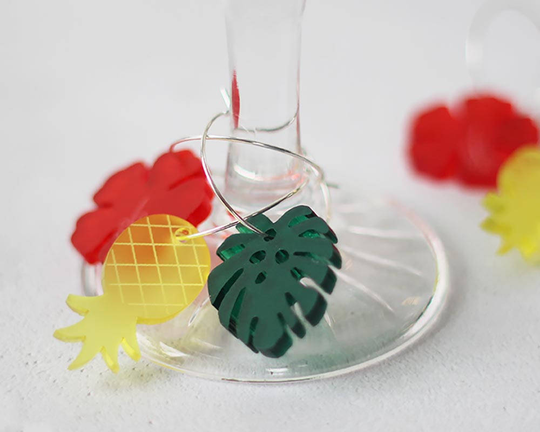 Wine Glass Charms - Tropical Set Of Six Cocktail Pineapple Charm Monstera Leaf Flower