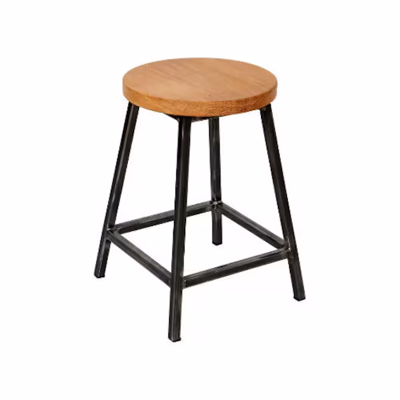 Beatrice Oakman - Low Industrial Bar Stool With Oak Seat