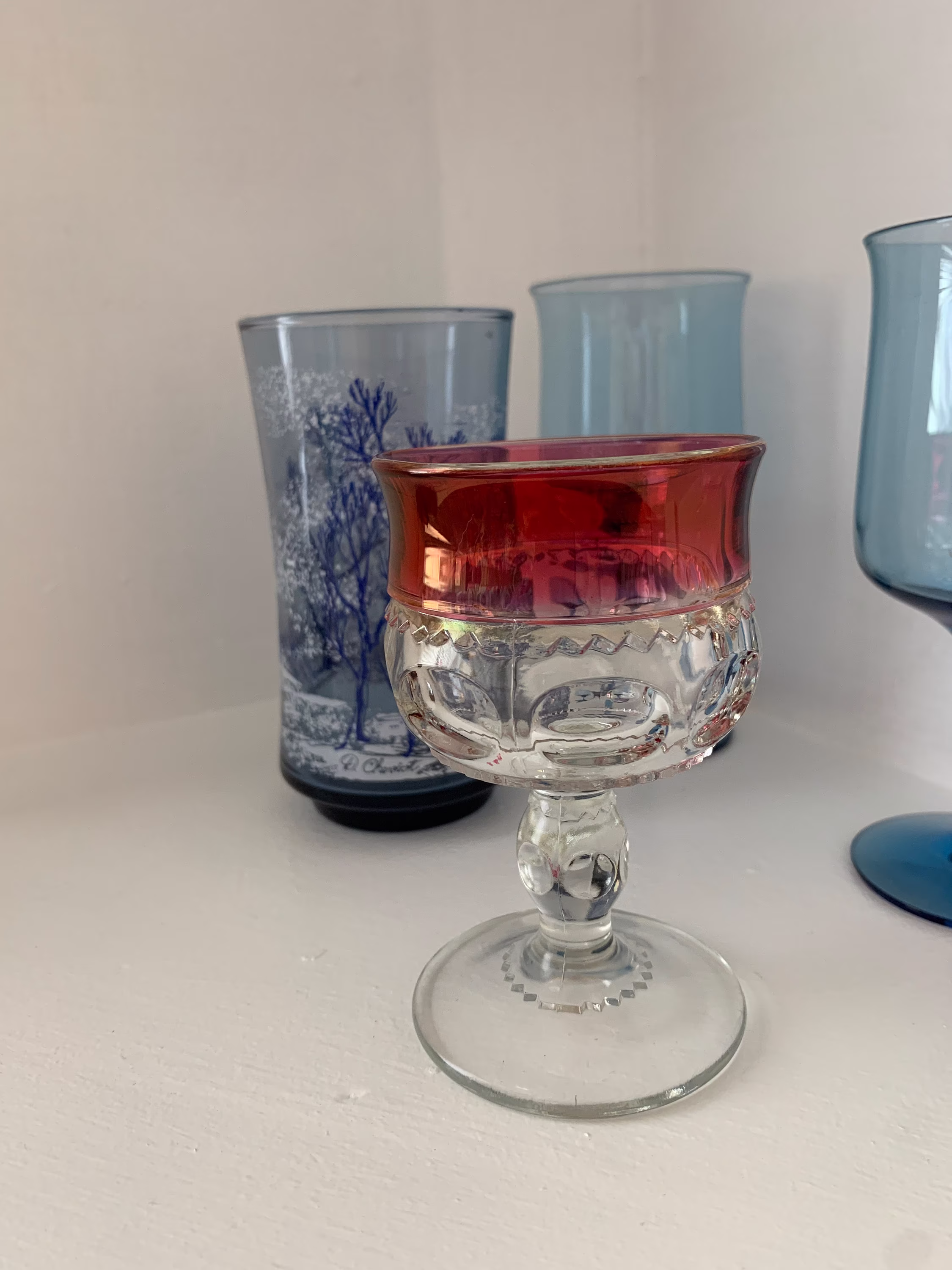 Vintage Ruby Red King's Crown Thrumprint Cordial Sherry/Juice Glass