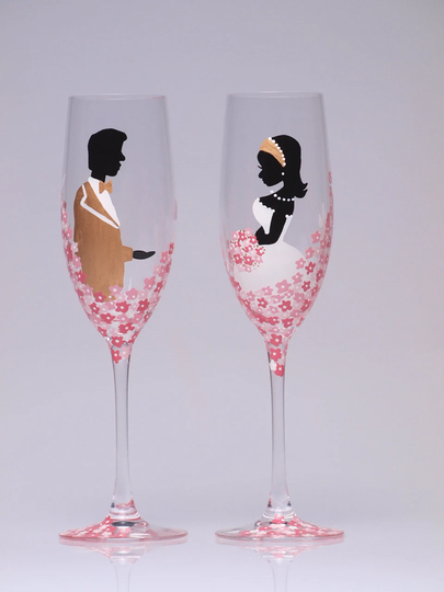 Hand Painted Wedding Toasting Flutes Set Of 2 Personalized Champagne Glasses Caffe Latte & Pink Roses