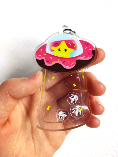 Cute Pigcorn Abduction By The Floating Donut Star Spaceship Recycled Acrylic Shaker Keychain Keyring