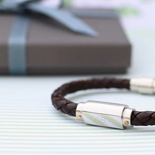 Black Or Brown Twisted Leather Personalised Bracelet & Gift Box 18Th , 21st 30Th 40Th 50Th Birthday Anniversary Father's Day