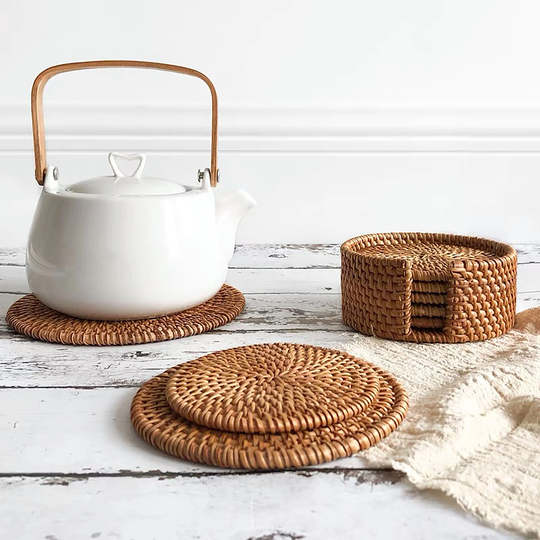 Coasters Set, Rattan Wood Coasters, Cute Record Wicker Cork Coaster, Funny Placemats, 6 With Holder, 4In & 5In