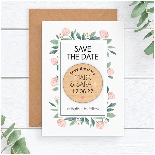 Pink Ranunculus Wedding Save The Date Cards - Personalised Rustic Wooden Fridge Magnet Floral Spring Summer