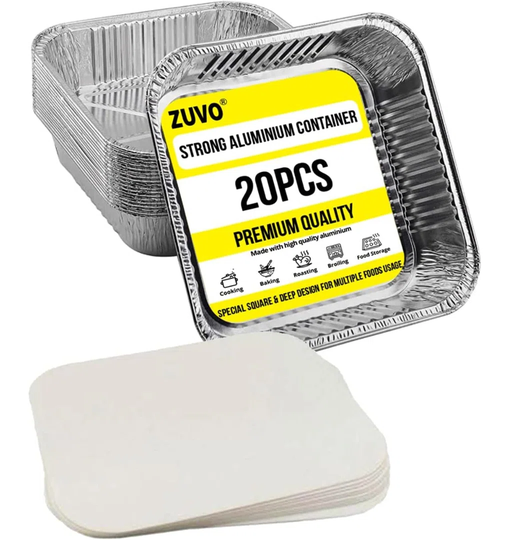 Zuvo Large Disposable Aluminium Foil Trays Containers With Paper Lids 25X25x4 Cm, Takeaway Containers Good For Baking Roasting Broiling Cooking Food S