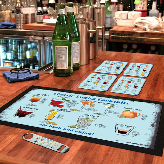 Bar Runner Mat, Matching Bottle Opener & 4 X Drinks Coasters Gift Set For Home Bars Pubs Cocktail Recipes - Bar-Run-Set-107