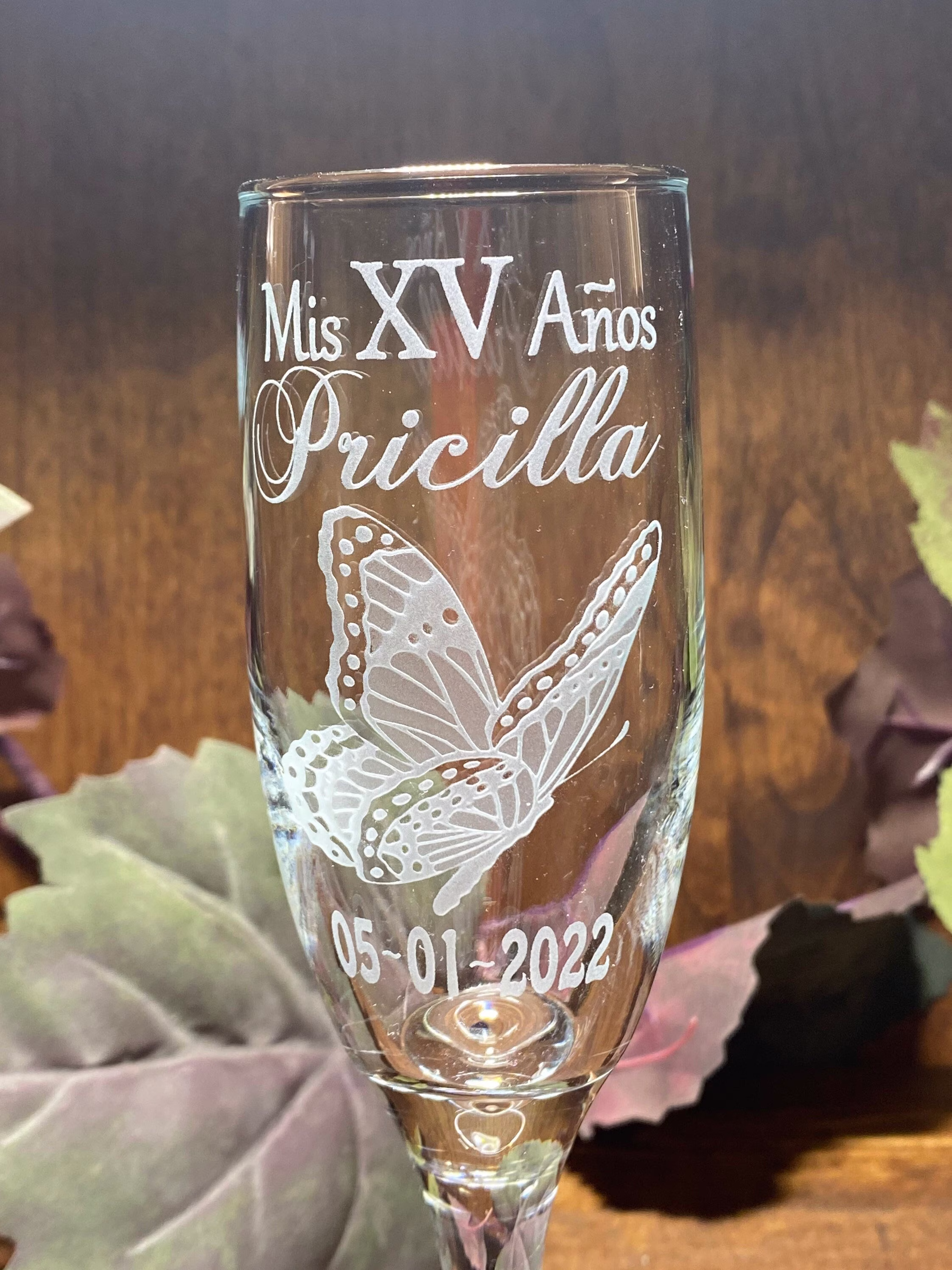 Butterfly Quinceañera Champagne Flute~ Glasses~ Flutes With Mis 15 Glasses
