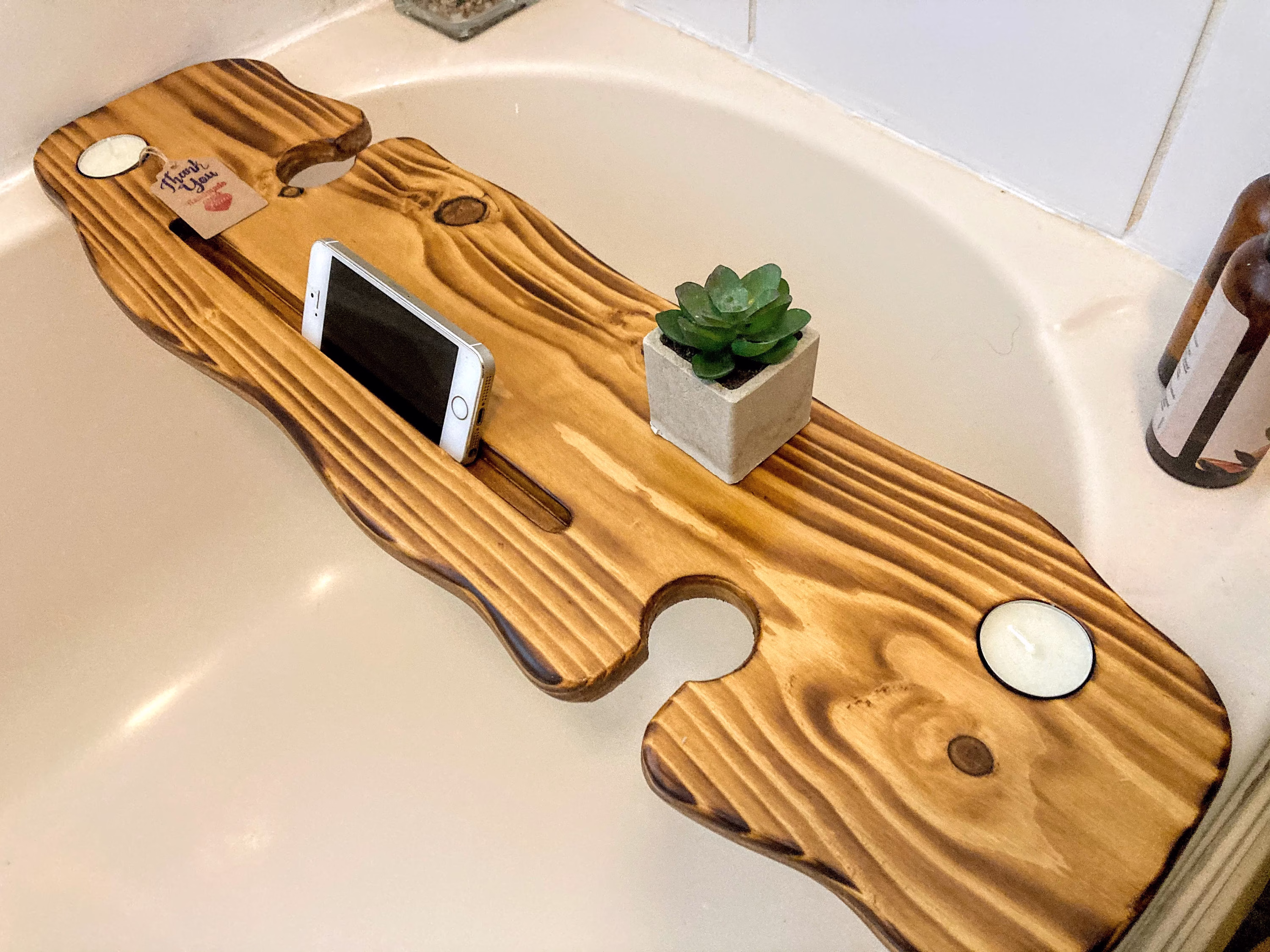 80cm Handmade Burnt Teak Live Edge Bath Board/Shelf Caddy - Double Wine Glass Tealights & Phone Tablet Slot