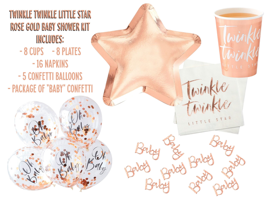 Twinkle Little Star Rose Gold Baby Shower Decor, Complete Set, Plates, Cups, Confetti Balloons