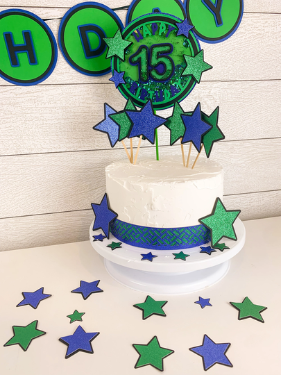 Happy Birthday Circles & Stars Double Shaker Cake Topper | Star Party Decoration Age Custom Theme