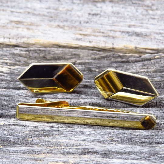 Vintage Mid Century Tigers Eye Cuff Link & Tie Bar Set 1970S Swank Two Tone Clip