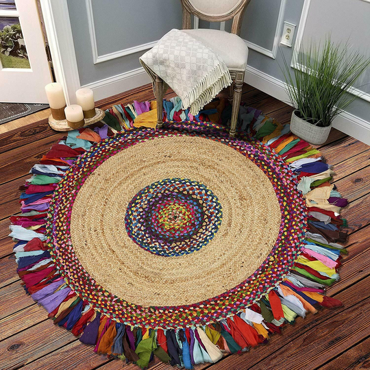 100% Hand Braided Jute Tassel Area Round Chindi With Fringe Rug Boho Cotton Floor Mat Stripes Woven Reversible 3 Feet