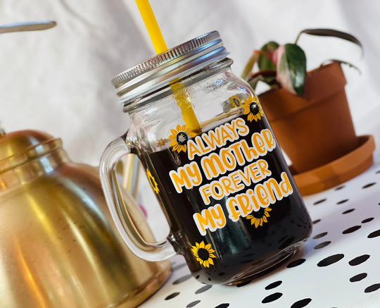 Glass Coffee Cup, Sunflowers, Mother, Mason Jar, Floral