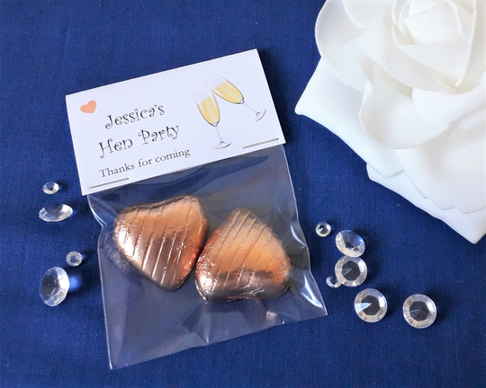 Personalised Hen Party Favours - 2 Chocolate Hearts Champagne Card Design
