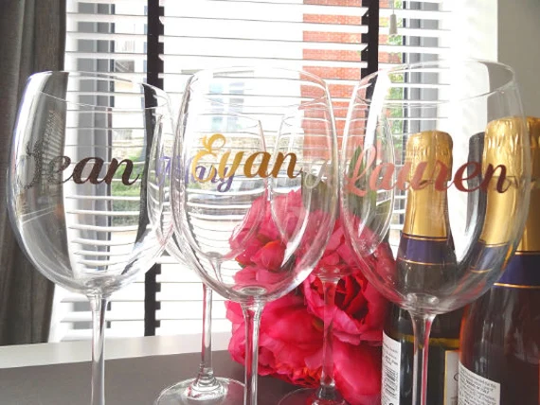 Wine Glass Decal, Name Stickers, Wedding Favour, Glitter Decor, Hen Party, Fancy Letter Sticker, Cursive Vinyl Champagne Flute