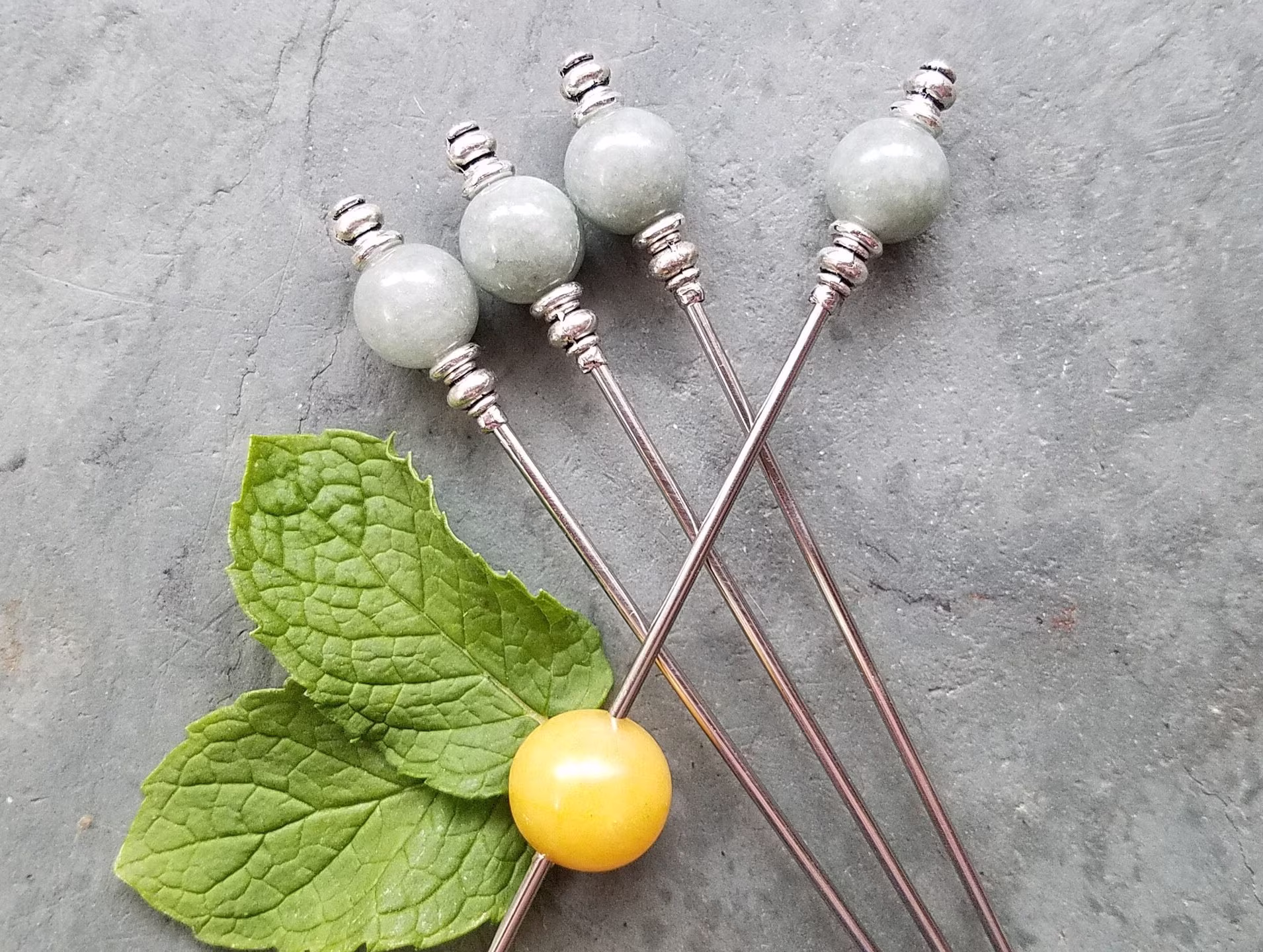 Martini Picks, Cocktail Appetizer Dessert Skewers, Home Bartender, Mixology, Jadeite Colored Quartz, Food Grade Stainless Steel