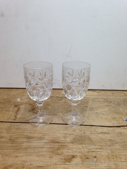 Vintage Pair Of Cut Glass Chunky Wine Glasses/Goblets Drinking in Good Condition