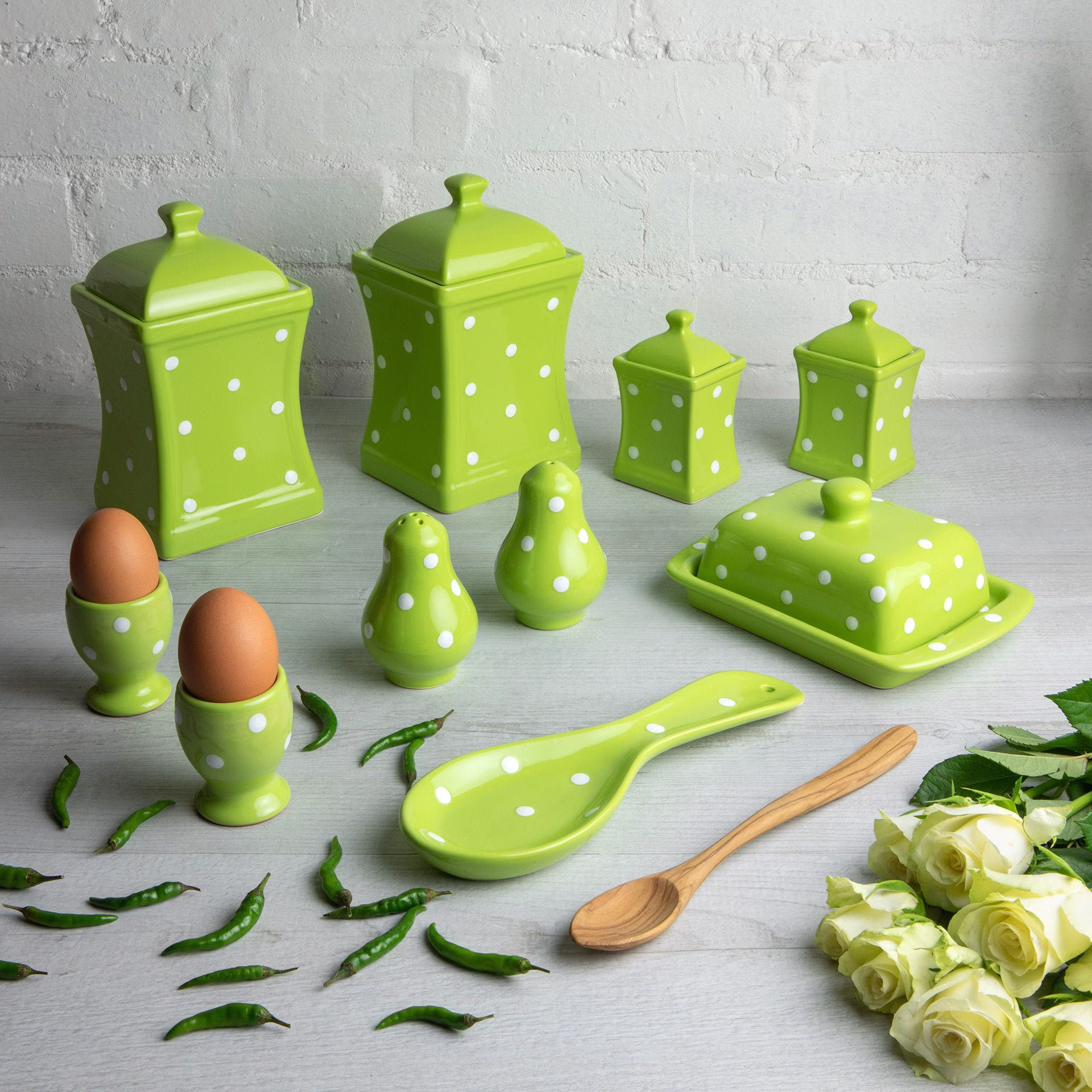 Green Kitchen Set | Canisters, Spice Jars, Butter Dish, Cruet Set, Spoon Holder, Egg Cups, Handmade Ceramic White Polka Dot Of 10