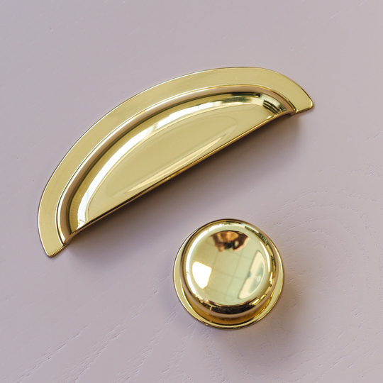 38mm Polished Brass Knob & 96mm Cup Handle | Cupboard Drawer Door Pull Bedroom Cabinet Wardrobe Replacement Upcycle Gold