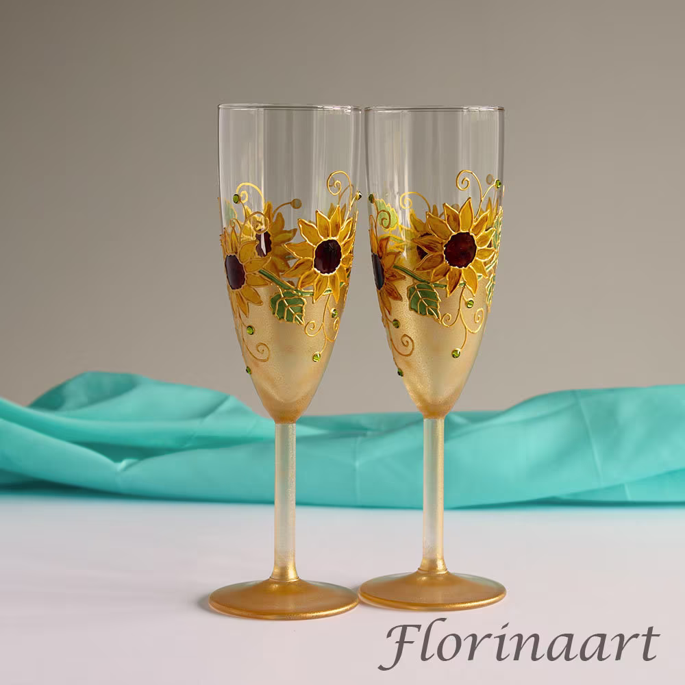 Sunflower Wedding Flutes, Glasses, Rustic Wedding Glasses, Champagne Themed