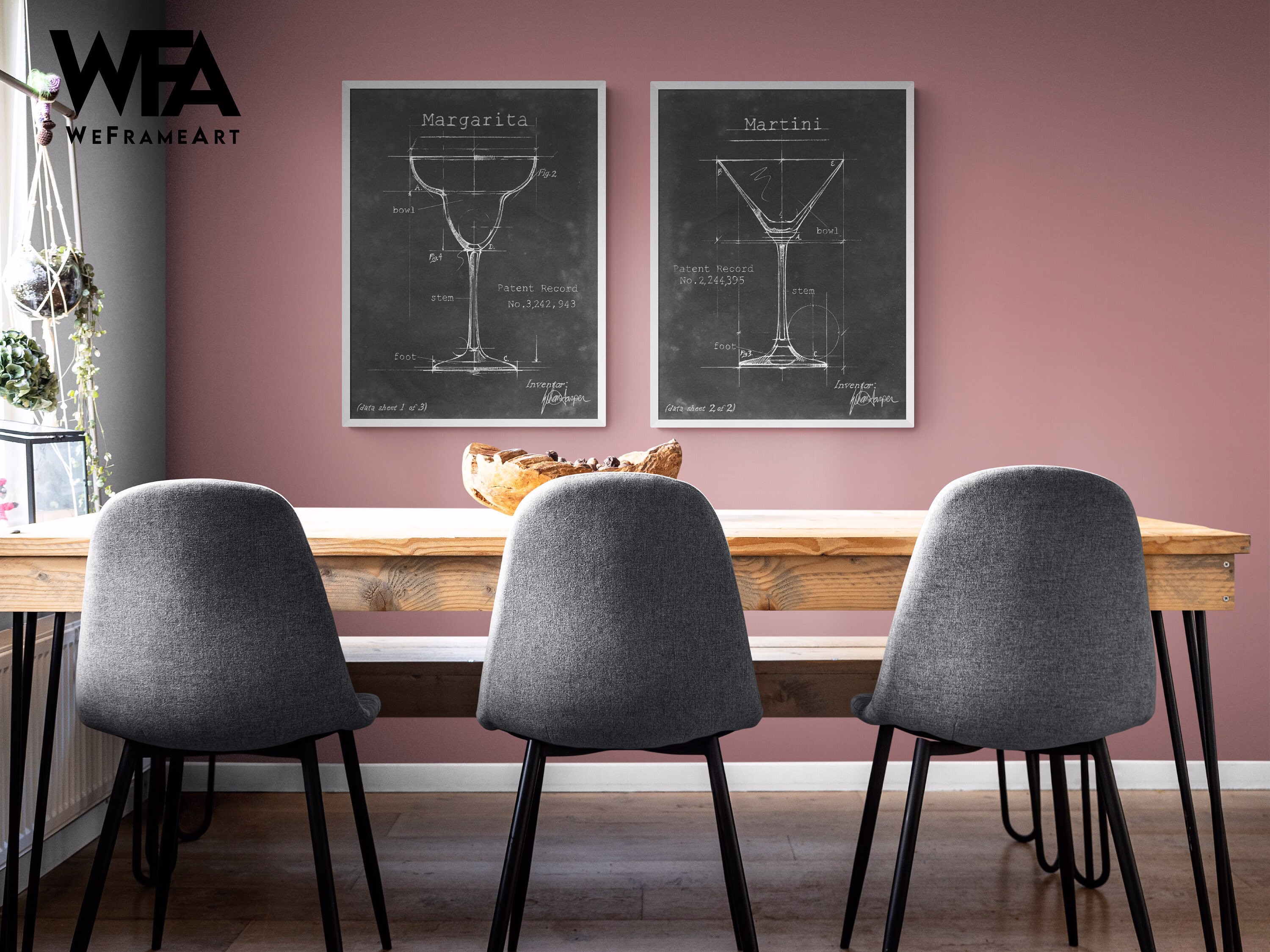 Set Of 2 Cocktail Glasses Prints, Martini Glass Wall Art Print, Margarita Drawings, Black & Wite Cocktails Framed