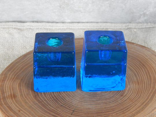 Set Of 2 Gunnar Ander For Lindshammar Turquoise Glass Candle Holder Swedish Mid Century Modern Design Made in Sweden Collectible