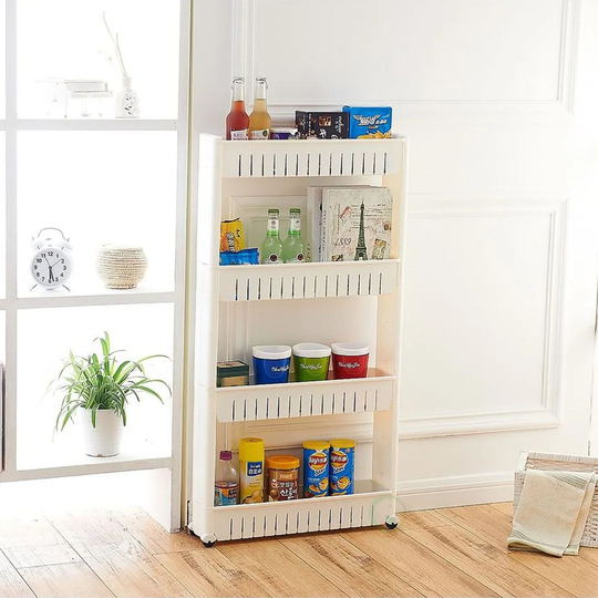 4 Tier Slim Slide Out Kitchen Bathroom Trolley Rack Holder | Space Saving | Fits In Neatly Between A Fridge Or Washing Machine | Made Of Durable White