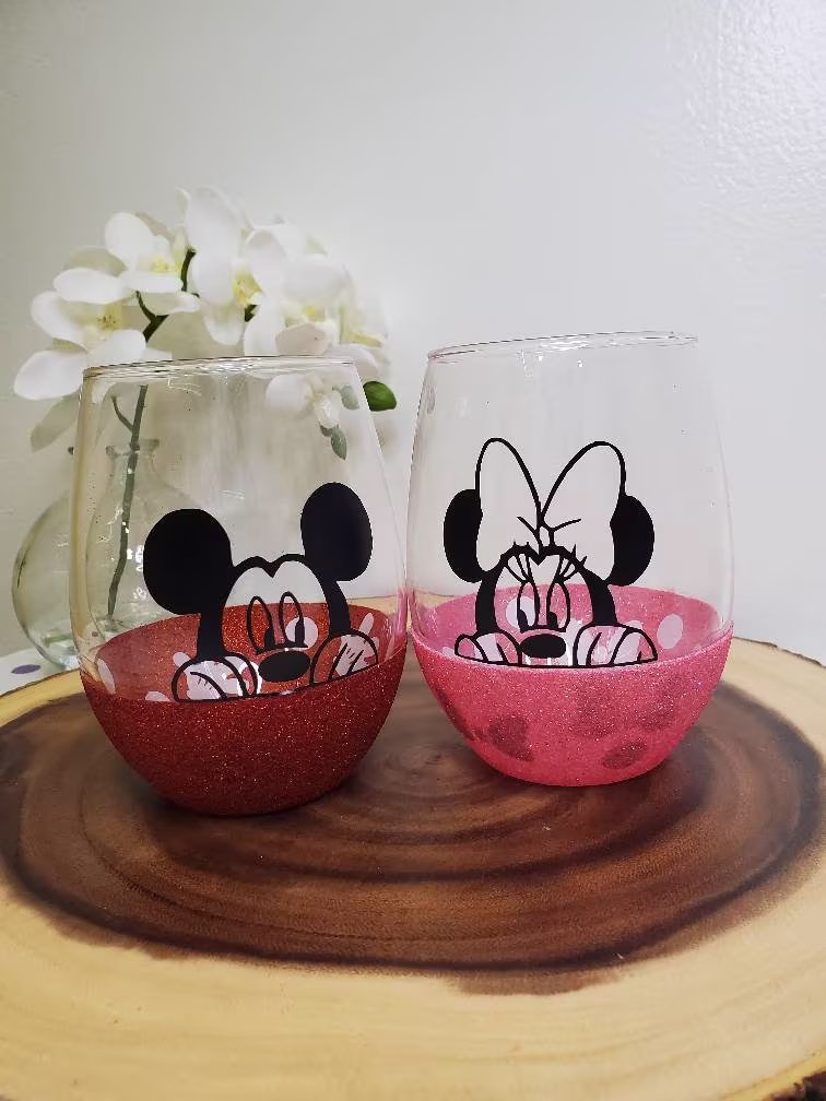 Mickey Minnie Mouse Glass, Glitter, Custom Made, Peekaboo Gift Idea, Friendship, Couple Gift, Present