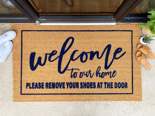 Welcome To Our Home Please Remove Your Shoes Doormat, Flocked Coir Door Mat, Outdoor Custom Personalized Mat Rug Gift