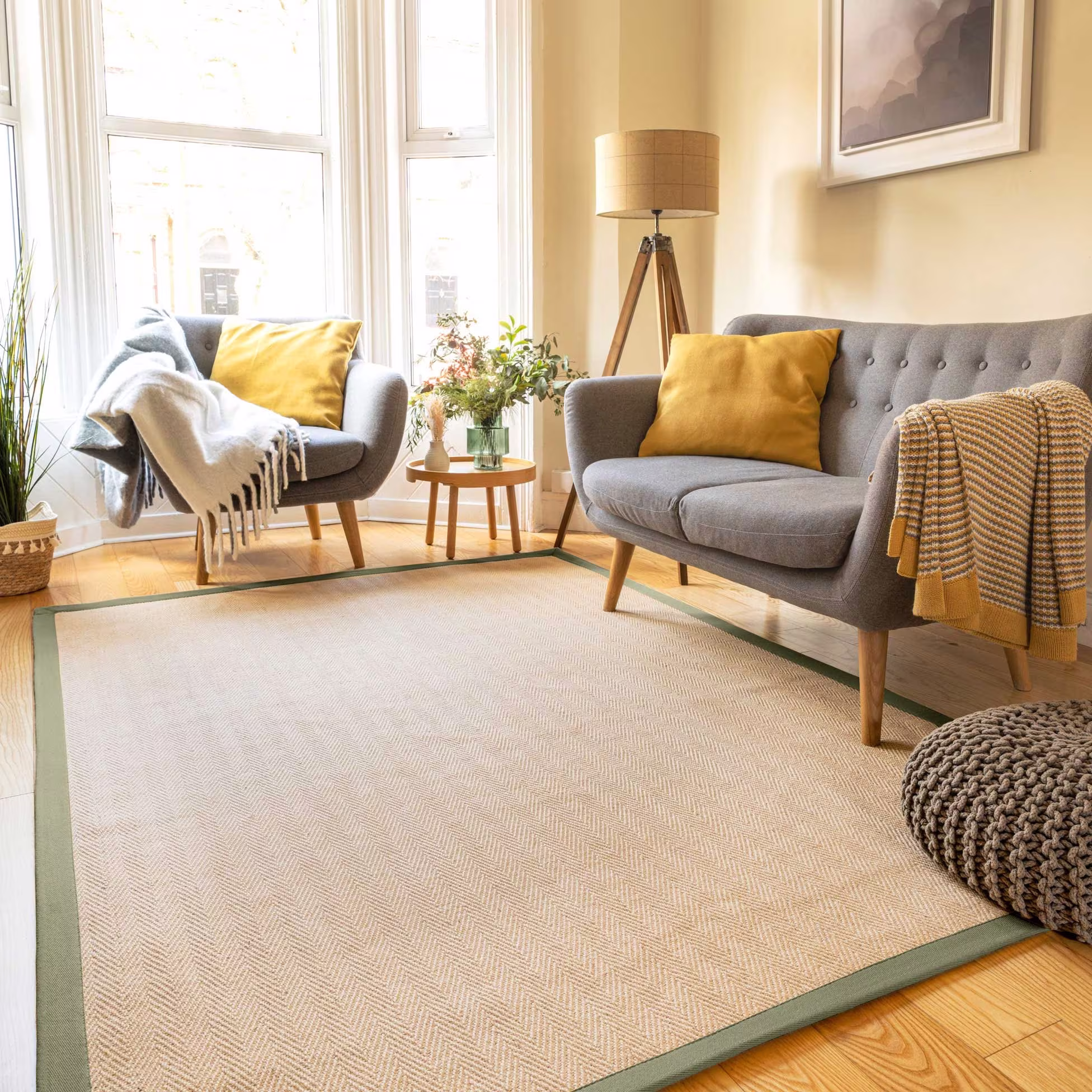 Natural Green Cotton Bordered Jute Area Rug Large Herringbone Scandi Non Slip Living Room Mat Sustainable Sisal Bedroom Nursery Runner