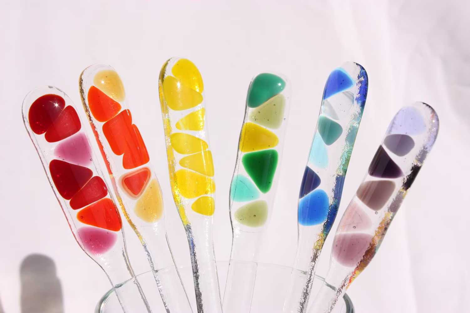 Rainbow Swizzle Sticks, Set Of Six Fused Glass Cocktail Stirrers, Wedding Stirrers