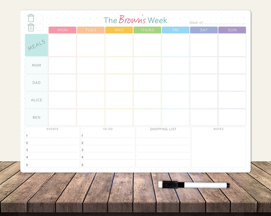 Personalised A3 Dry Wipe Whiteboard Weekly Family Planner - Command Center, Shopping List, Notes & Bins
