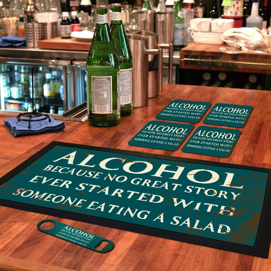 Bar Runner Mat, Matching Bottle Opener & 4 X Drinks Coasters Gift Set For Home Bars Pubs Garden Tiki - Bar-Run-Set-124