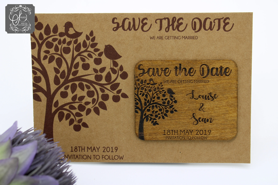 Tree & Love Bird Save The Date Square Magnet On Brown Card