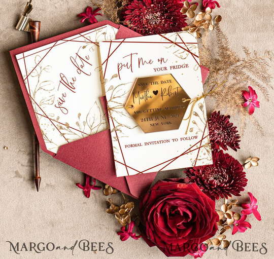 Personalised Burgundy Gold Acrylic Hexagon Save The Date Magnet Card Dates Plexi Magnets Wedding Boho Save Our Date Golden Boho Card