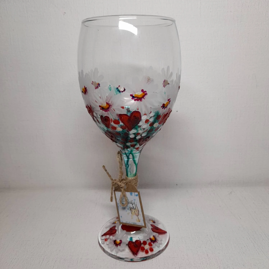 strawberry Daisy Kisses, Wine Glass, Hand Painted Glass | Can Be Personalised For Free Unique, Perfect Gift To Order Her Him