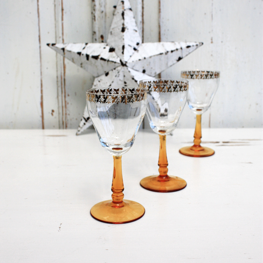 Four 60's Amber Stemmed Glasses With Gold Leaf Detail