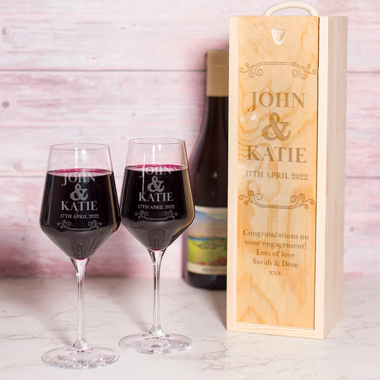 Personalised Vintage Frame Wedding Or Anniversary Wine Bottle Gift Box & Glasses