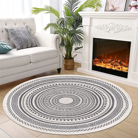 Moroccan Rug Round Grey 120Cm Cotton Area Rug Washable Printed Round Area Rug Large With Tassels Carpet Floor Rugs For Living Room, Laundry, Playroom