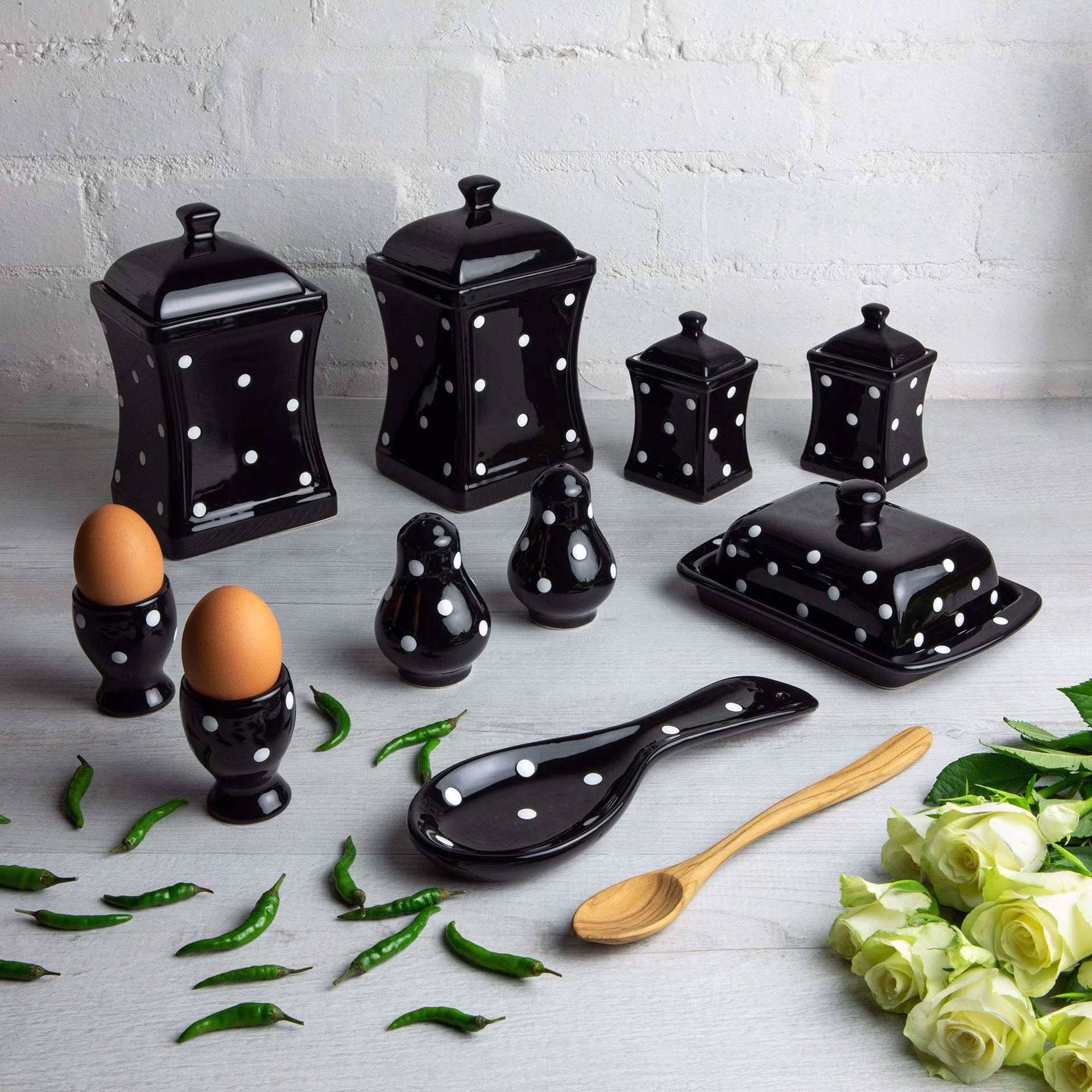 Black Kitchen Set | Canisters, Spice Jars, Butter Dish, Cruet Set, Spoon Holder, Egg Cups, Handmade Ceramic White Polka Dot Of 10