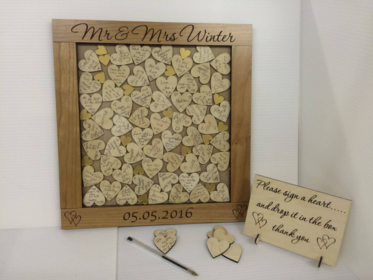 Personalised Luxury Cherrywood Gold Hearts Drop Box Wedding Guest Book Rustic Vintage Guestbook Alternative Wooden Dropbox