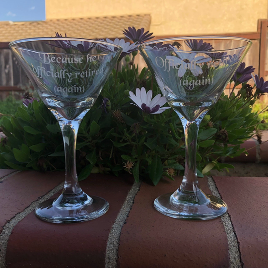 Custom Etched Martini Glass, Sandblasted Personalized Glasses, Retirement Gift, His & Hers Glass
