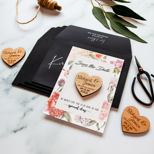 Save The Date Magnet + Cards, Rustic Wood Wedding Invites Invitation, Personalised Custom Dates Ideas With Free Envelopes, Floral