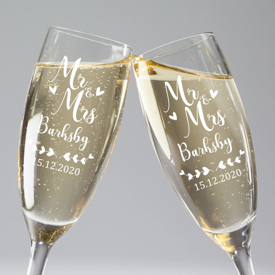 Personalised Champagne Flutes, Mr & Mrs Engraved Bride & Groom Glasses Gift Wedding Gift, Set Of 2