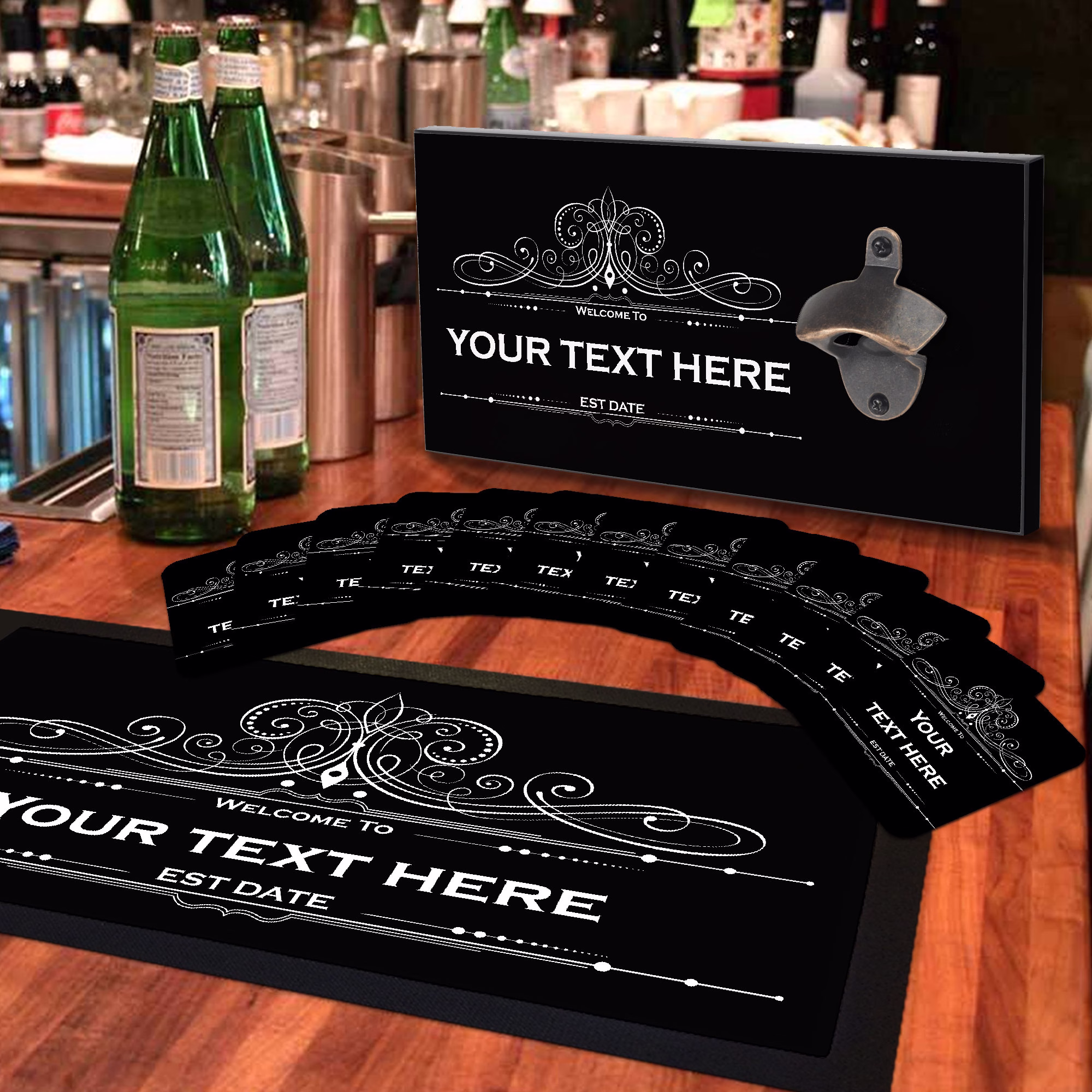 Personalised Bottle Opener Wall Mounted Wooden Bar Sign, 12 X Cardboard Beer Mats, Runner Mat - Accessories For Home Pub Wbs-Di016