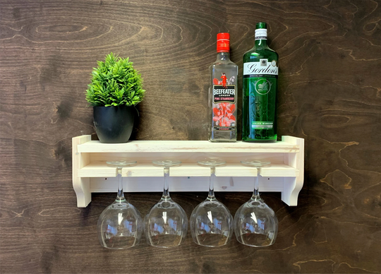 Shabby Chic Rustic Wooden Gin Shelf To Hold 4 Glasses/Bottles - Wall Mounted Display Home Bar Man Cave She | Gs-Sc | Em