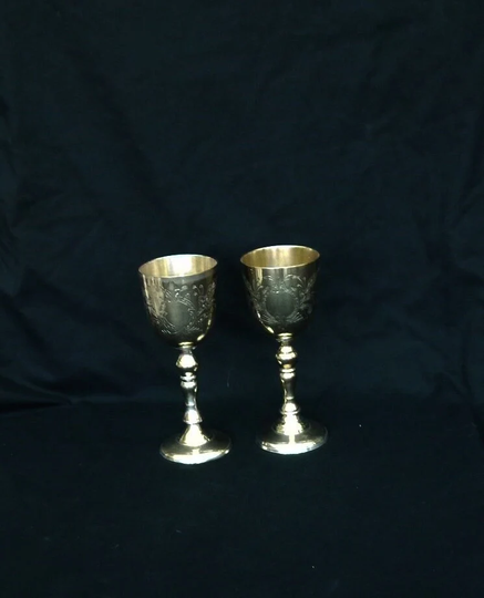 Set Brass Goblets Epns Vintage Large Pair Hand Etched 2 Wine Display Wedding