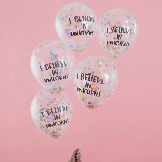 5 Rainbow Confetti Balloons, I Believe in Unicorn Birthday Party Decorations, Balloons