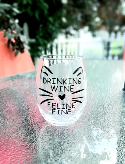 Drinking Wine, Feline Fine - Stemless 20Oz Wine Glass Cat Gift For Lover